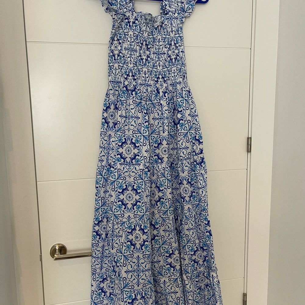 Hill House Blue and White Smocked Ruffled Sundress